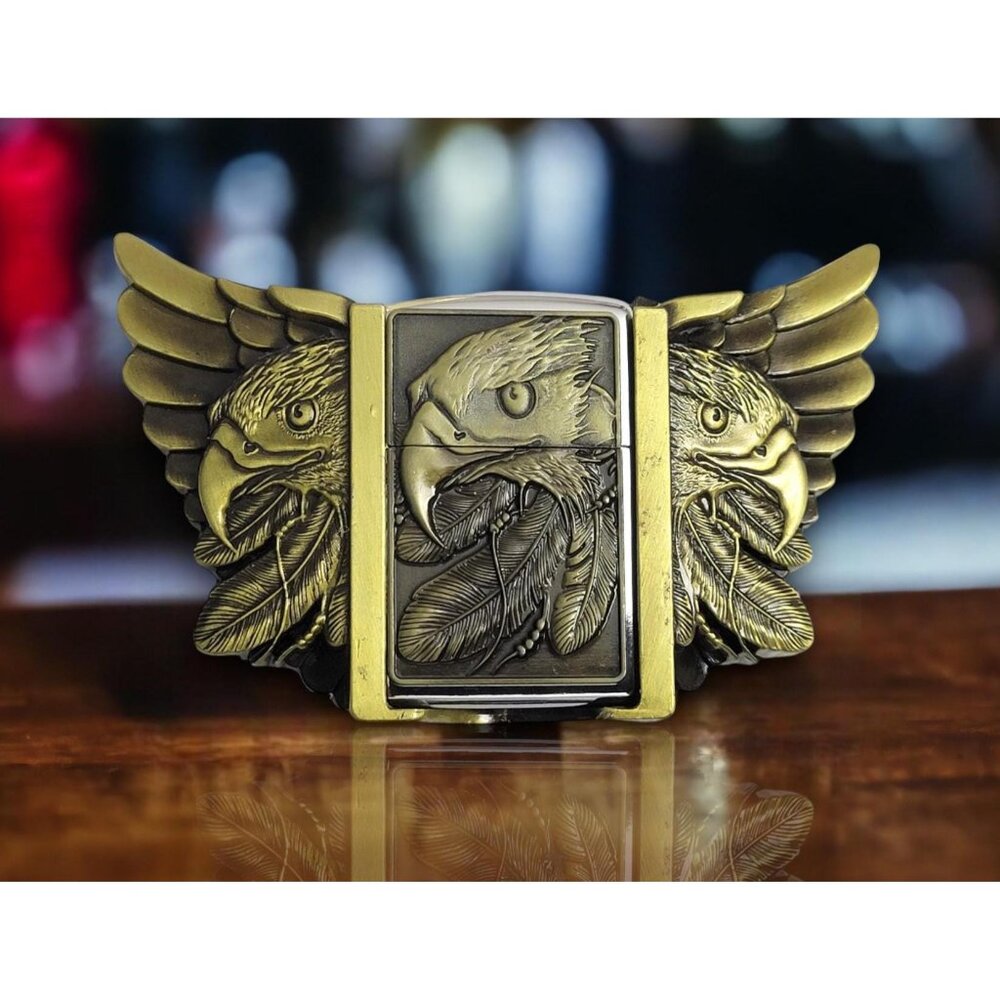 Triple Eagle Head Bronze Lighter Belt Buckle - Free Engraving On Lighter